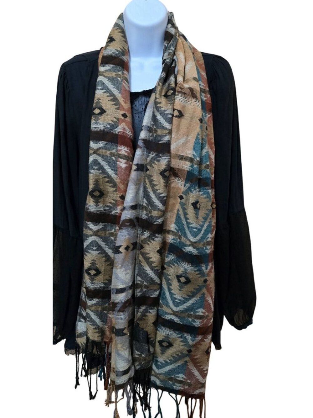 Daytrip Aztec Print Scarf With Fringe Design Multicolor - tribal statement piece